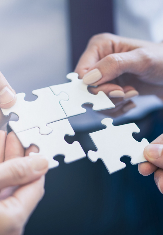 A group of business people assembling jigsaw puzzle.